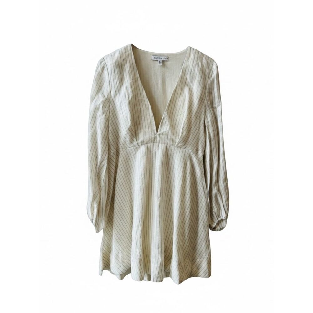 Shona Joy Isadora Plunged Mini Dress‎ Sz 10 Cream Tan Stripes Balloon Sleeves